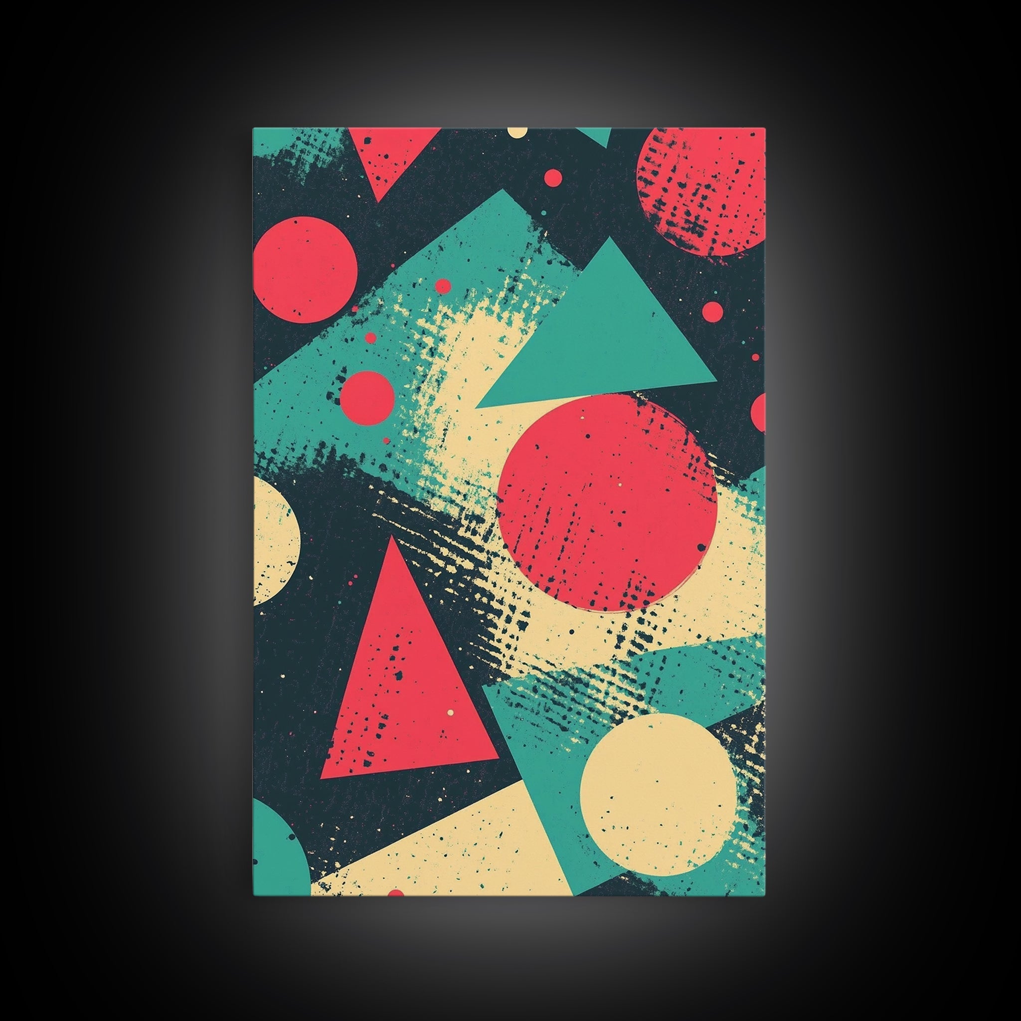 Circles And Triangles, Canvas Print, Retro Abstract Art, Midcentury Modern Style Home Decor, Turquoise Red and Black Wall Art