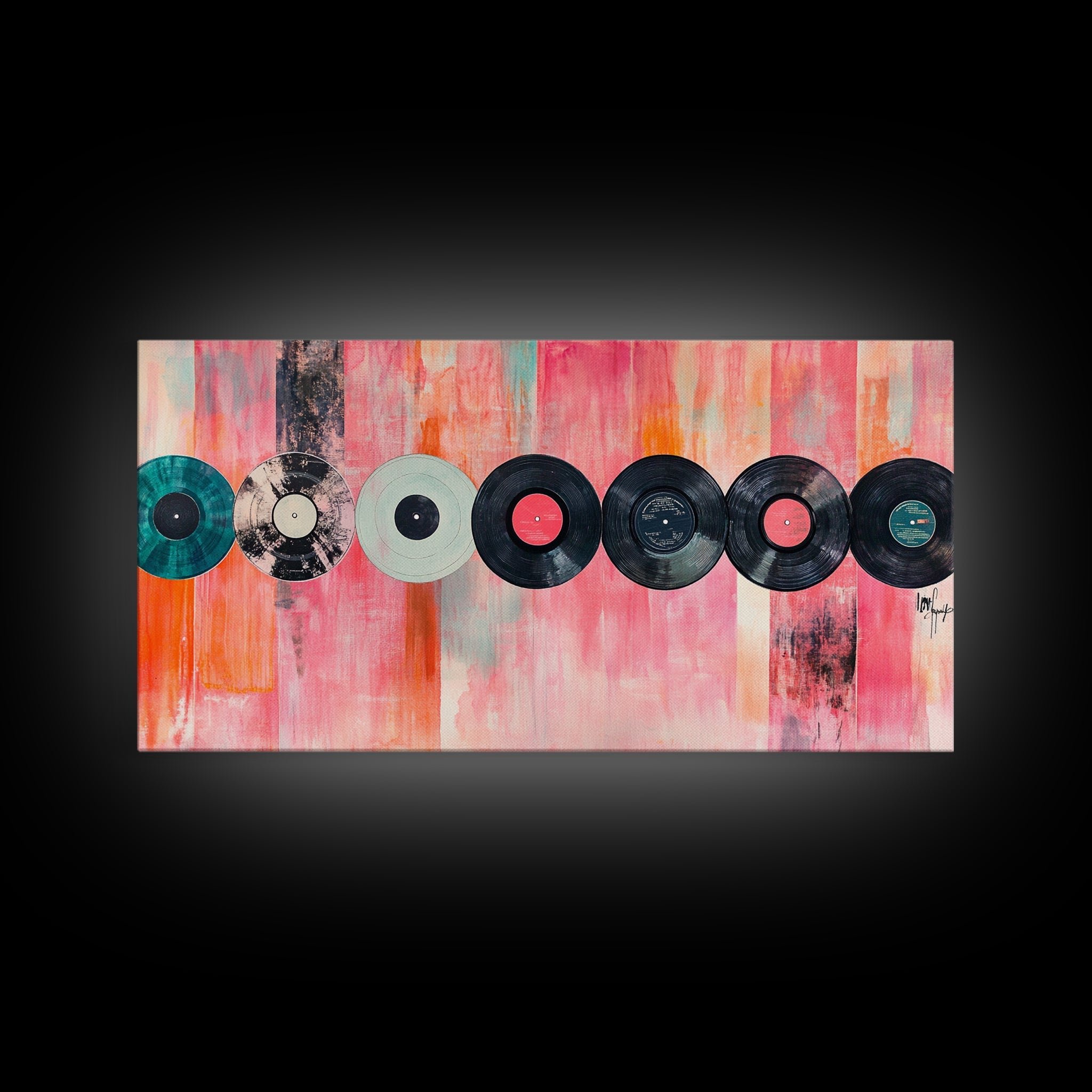 Vinyl Record Wall Art Framed Canvas Print, Pink Orange Abstract Music Art, Retro Living Room Art Minimalist Gift Idea Her