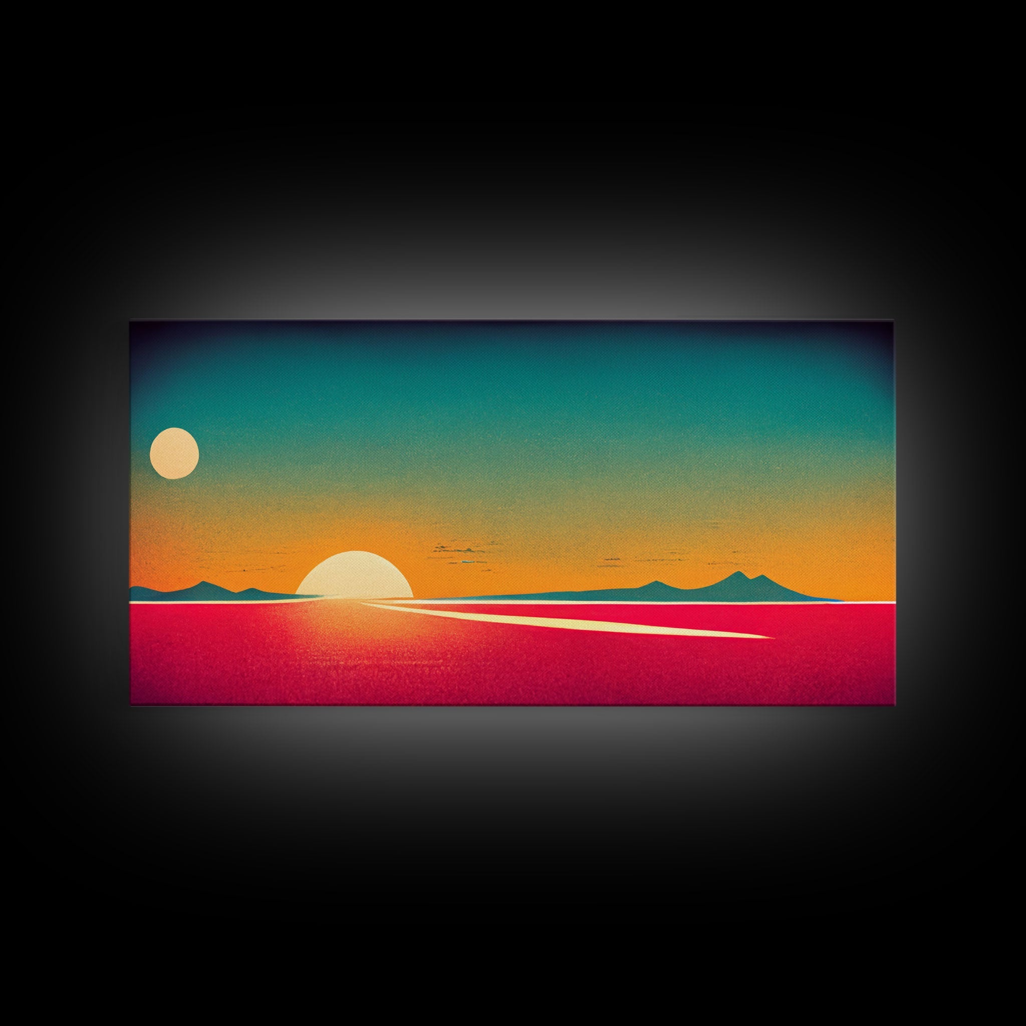 Art Deco Wall Decor, Wall Art, Framed Canvas Print, Retro Style Sunset Art, Scifi Wall Decor, 2 Suns