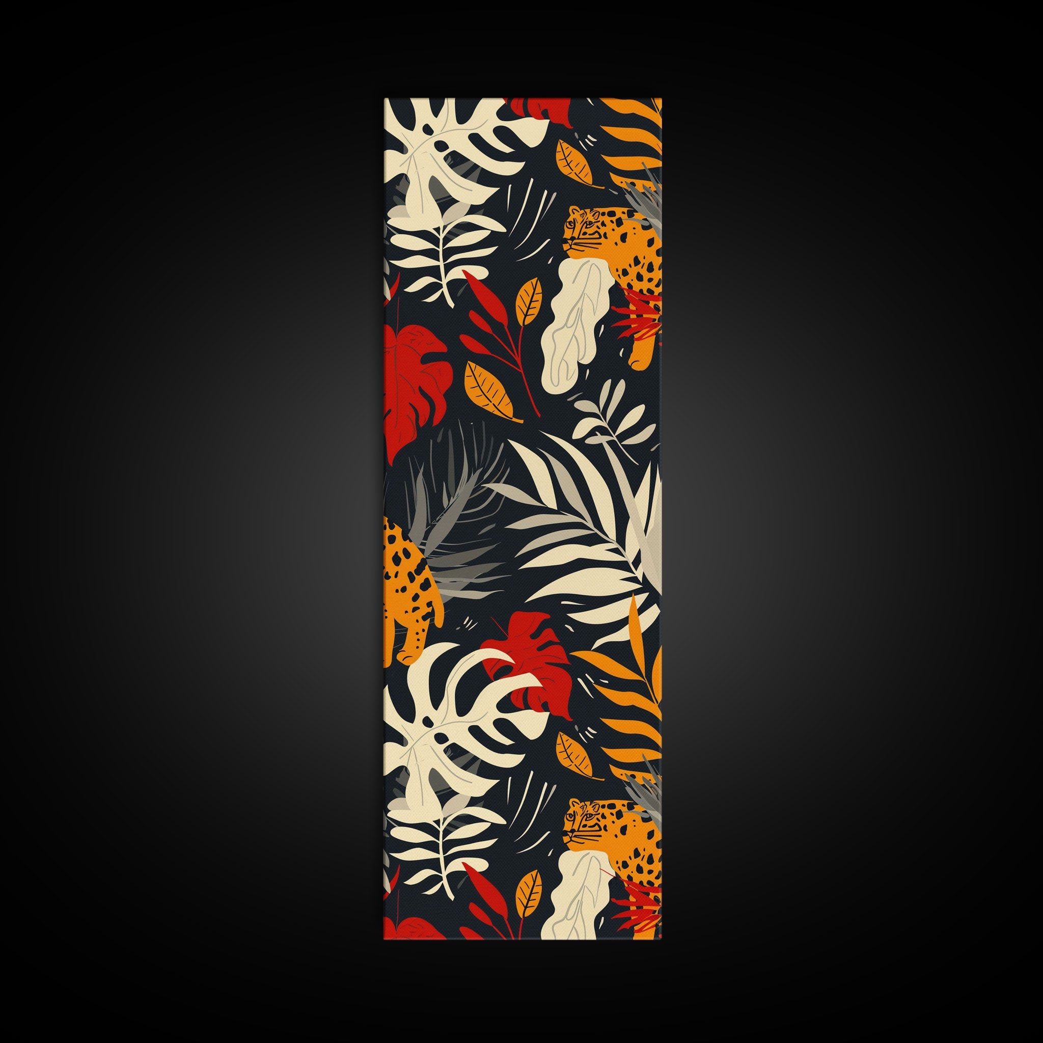 Jungle Foliage and Leopard Design on Black Background - Framed Canvas Print, Midcentury Modern Art, Skinny Art, Tall Art, Living Room Wall Decor, Boho Art