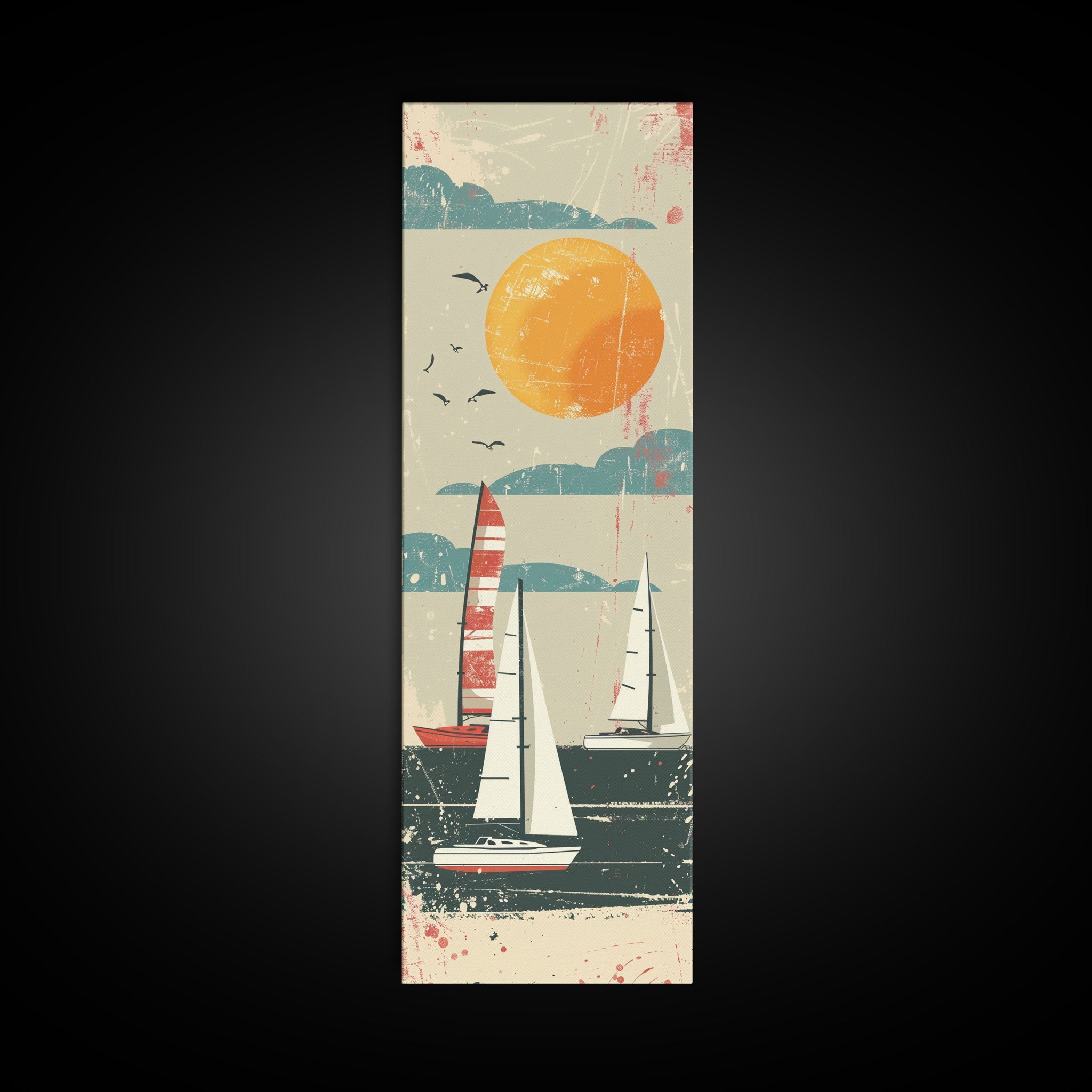Sailboats Under the Sun, Retro Japanese Art Style Framed Canvas Print, Tall Skinny Art with a Vintage Touch