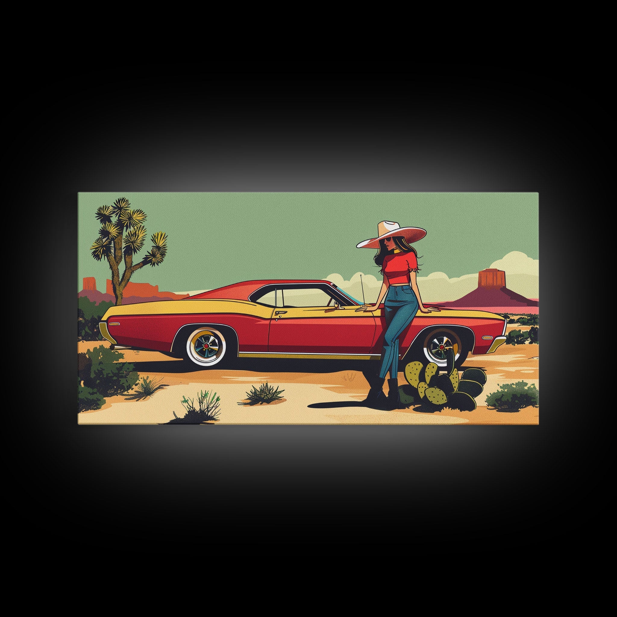 Retro Cowgirl with Red Car in Desert Landscape, Framed Canvas Print for Stylish Living Room Decor, Ideal Bedroom Wall Art