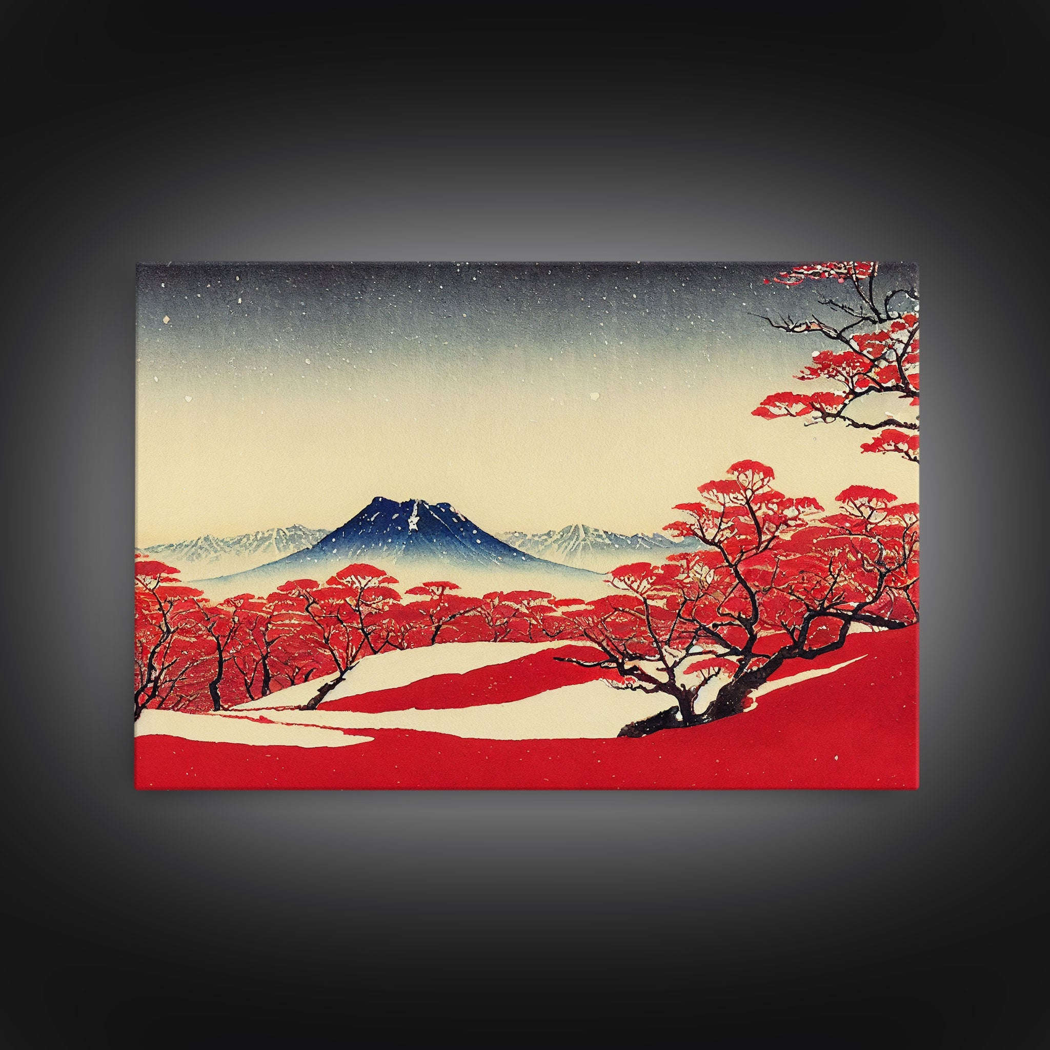 Mt. Fuji in the winter, Japanese style art, Japanese maple trees, framed canvas print, unique retro style art