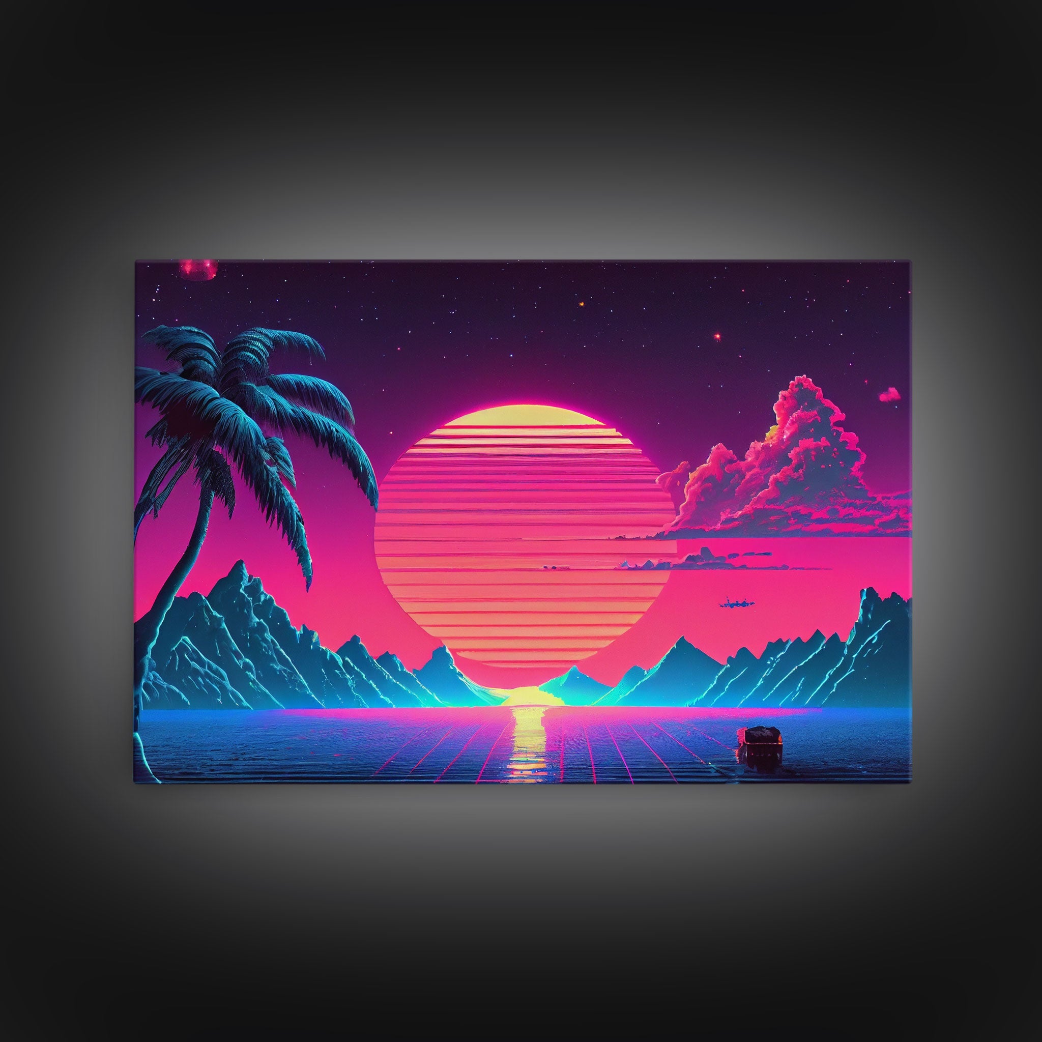 Retro Outrun Style Palm Trees and Sunset, Framed Canvas Print, Wireframe lake and mountain vista