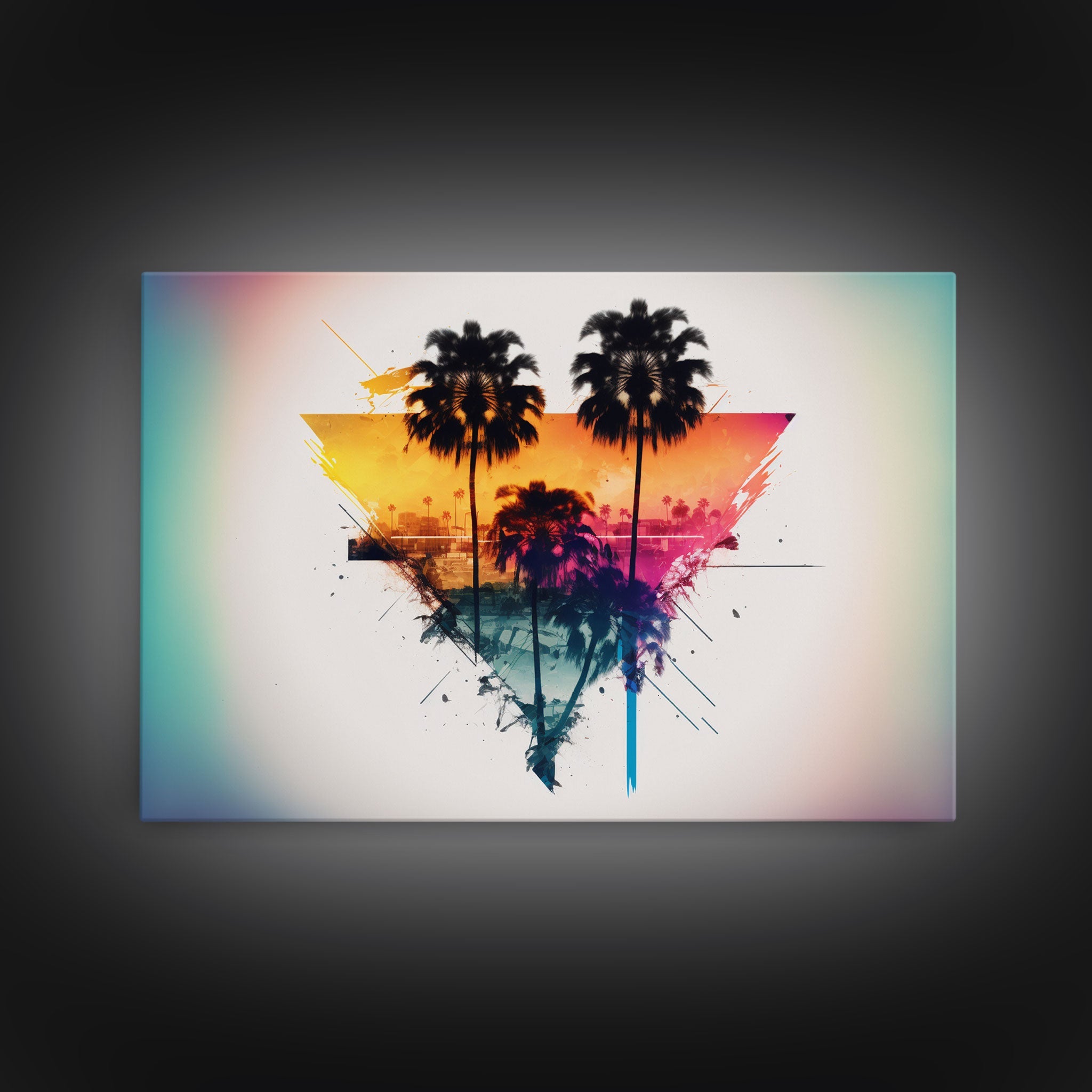 Retrowave / Synthwave Sunset Behind Beautiful Palm Trees, 1980s Style Retro Home Decor, Framed Canvas Print, Double Exposure Art