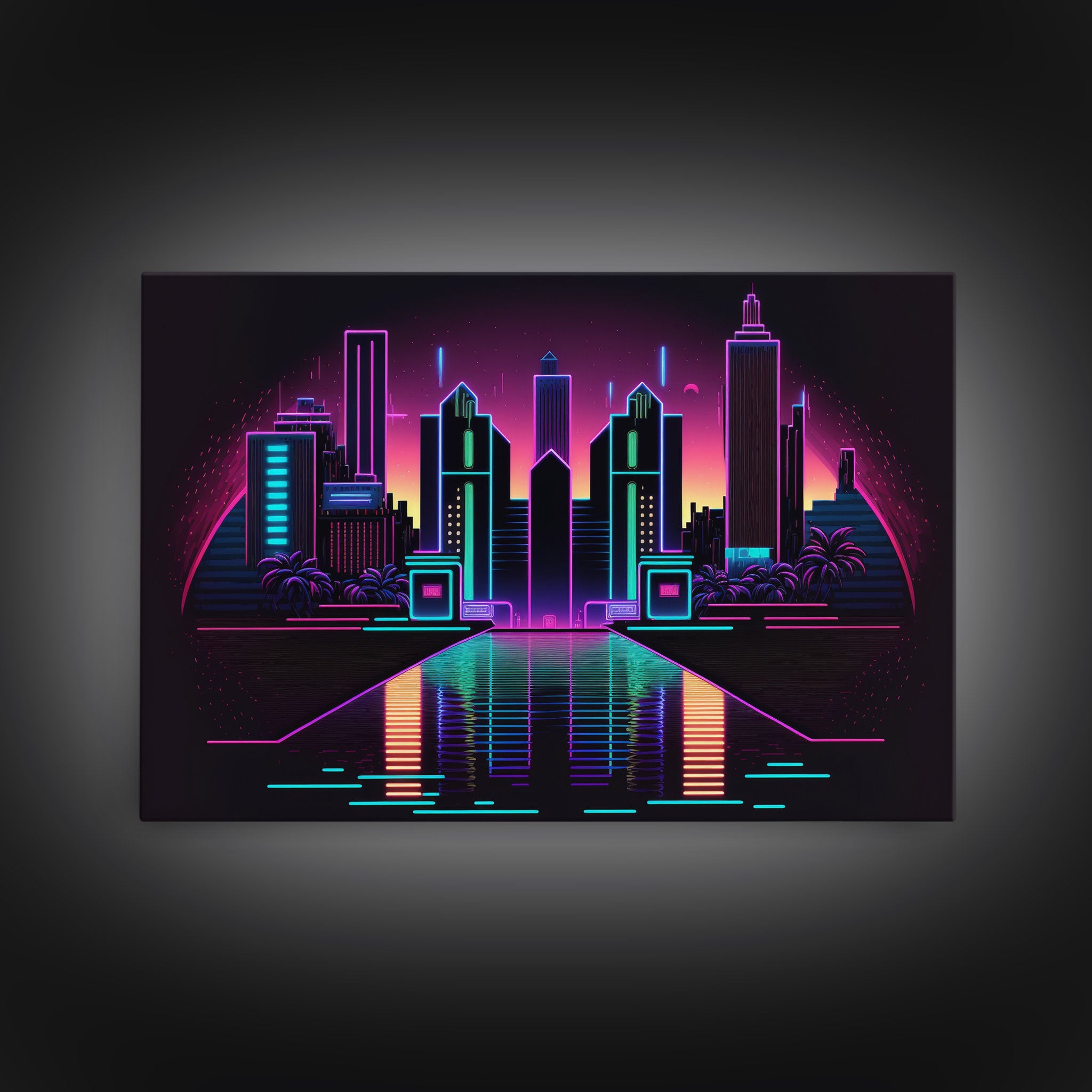 Retro Style Synthwave Wireframe City, Outrun Style, Framed Canvas Print, 80s Vibes Art