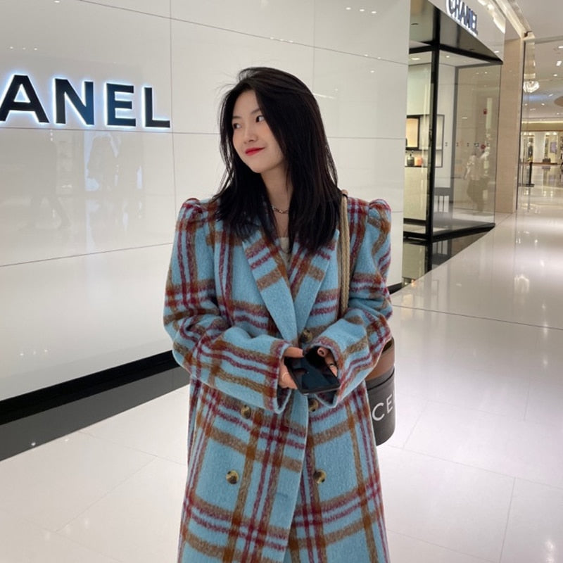 Vintage Wool Loose Coat Winter Puff Sleeve Blue Checked Coat for Women Korean Style High Quality