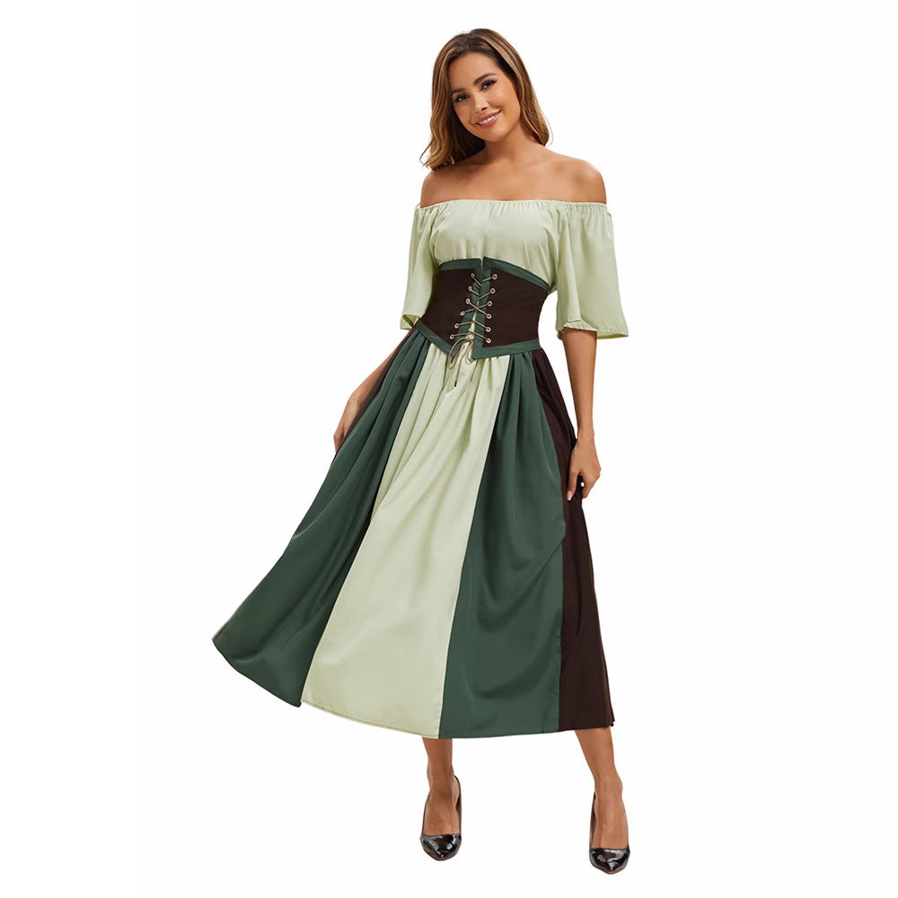 Style Medieval Retro Color-block Spliced Tie-waist Flared Dress for Costume Party Formal Dress
