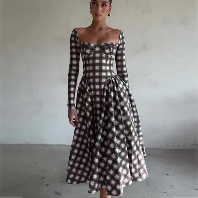 U-shaped collar checkered long sleeved slim fit belt retro dress for women