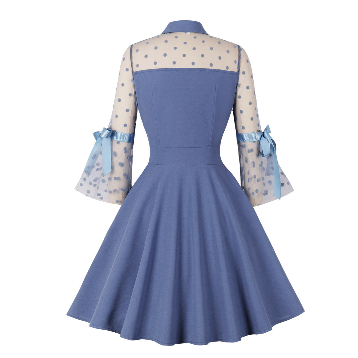 Sweet Elegant Vintage Polka Dot Print Mesh Bow Flared Sleeve Dress