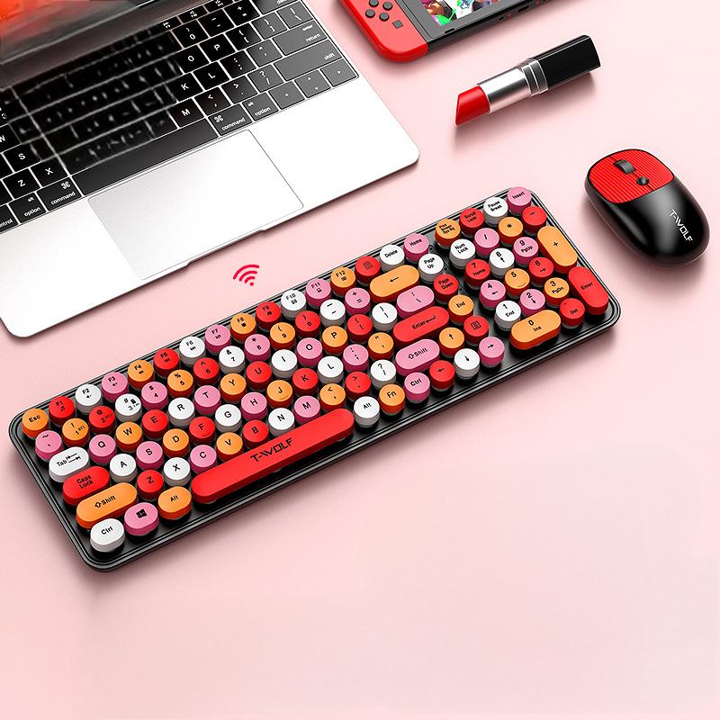 T-WOLF Thunder Wolf TF350 Wireless Keyboard and Mouse Set for Girls, Colorful Punk Retro Mouth Red Round Key Cap