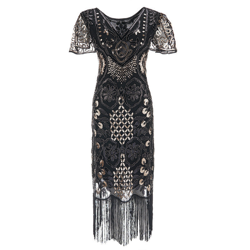 Party 1920s  Style Retro Gatsby V-Neck Evening Dress with Sequins and Fringe Short Sleeve Dress