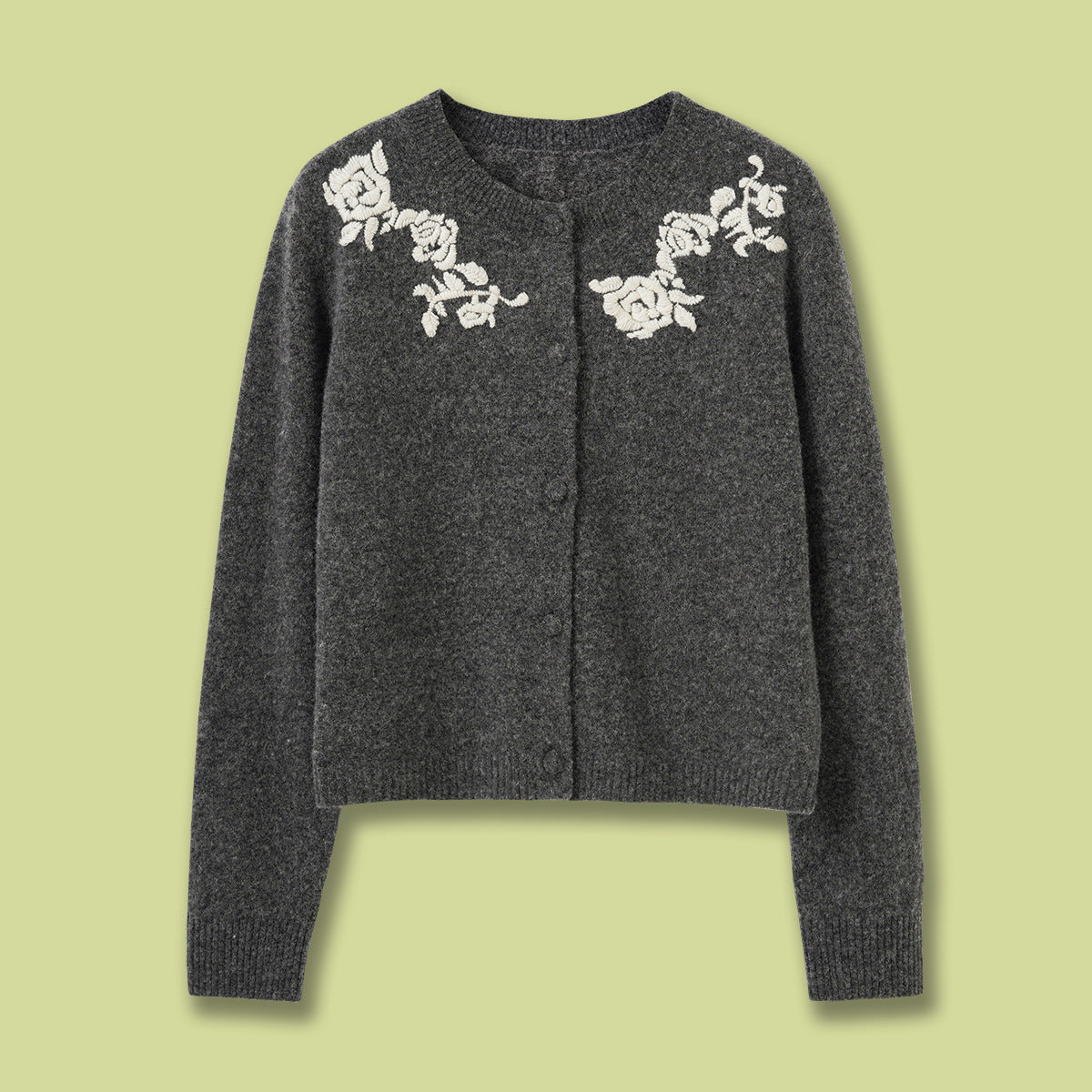 Gray Round Neck Knit Cardigan with Vintage Embroidery Fashionable High-End Embroidered Long Sleeve Wool Cardigan for Women