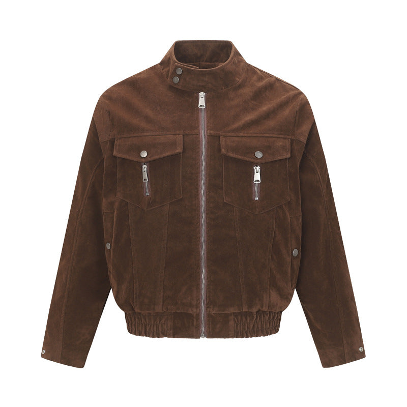 Retro Suede-Like Stand Collar Harrington Workwear Jacket, Trendy Clean Fit Oversized Outerwear for Men