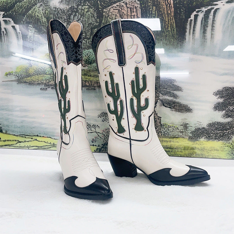 Western Cowboy Mid Calf Women Boots Chunky High Heels Cactus Vintage Cowgirl Long Boots Retro Shoes Woman