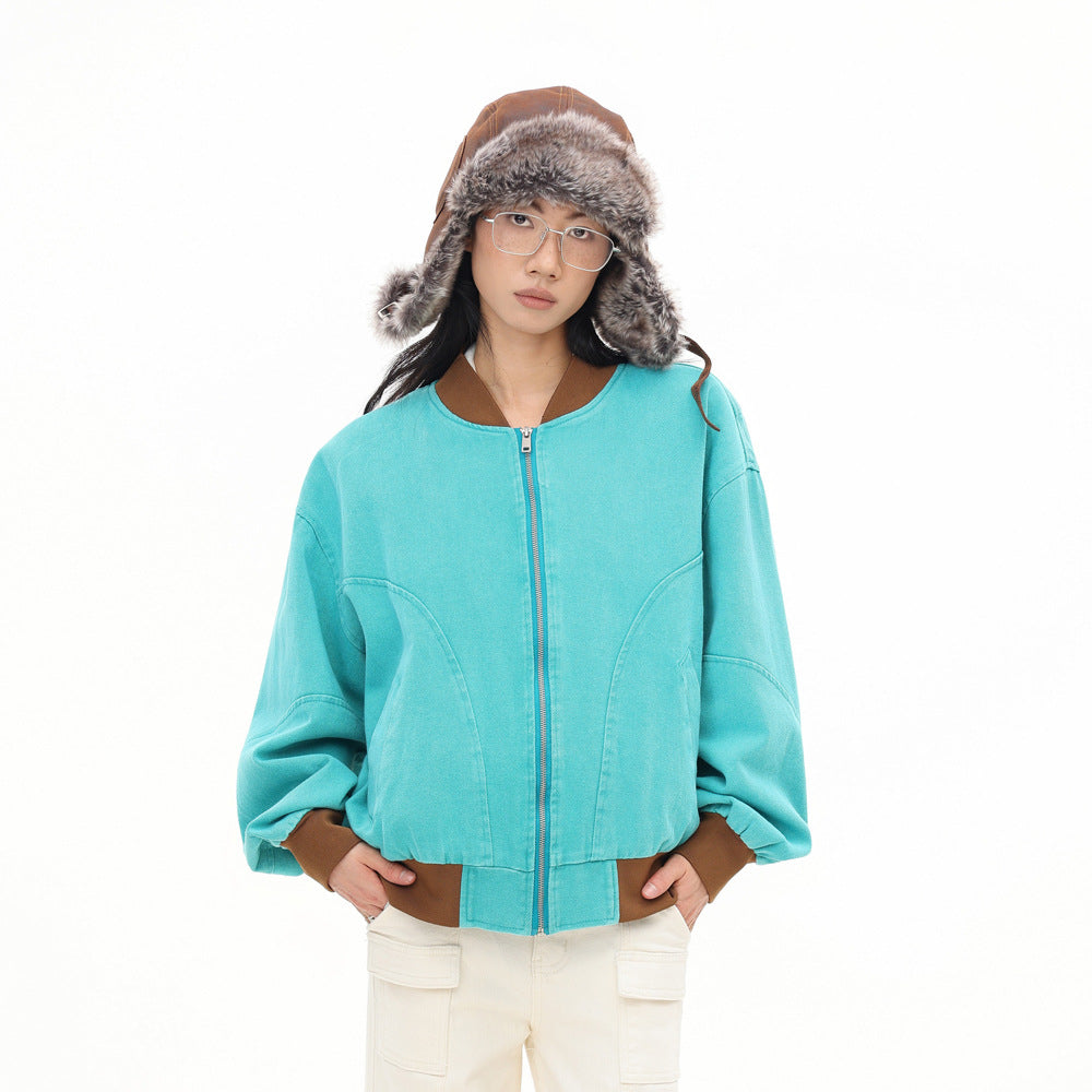 Retro Workwear Denim Jacket Men's Baseball Jacket Color Block Splicing Stand Collar Loose Short Coat