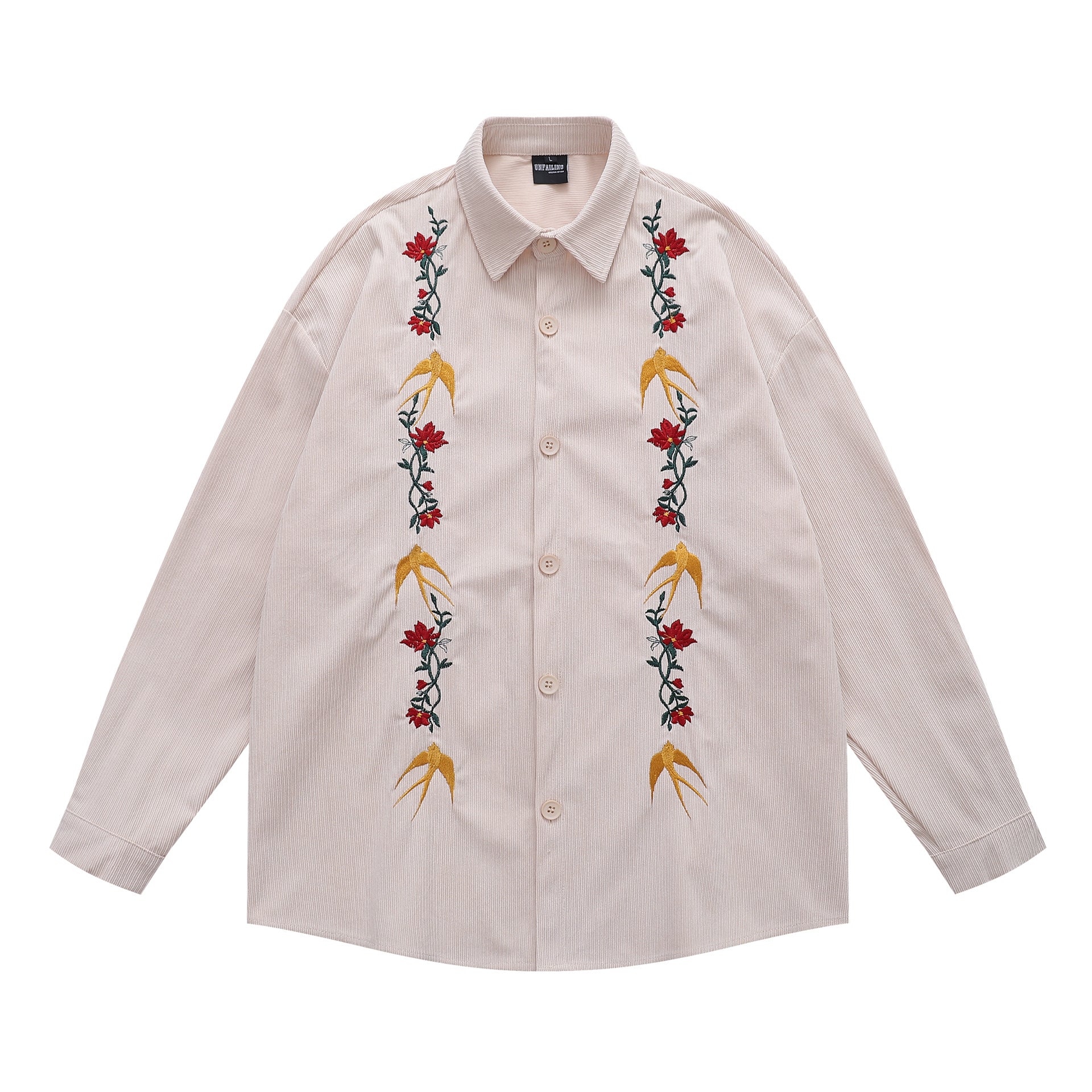 Retro Swallow Floral Embroidery Corduroy Long Sleeve Shirt Unisex Loose Couple Shirt Jacket