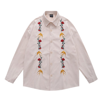 Retro Swallow Floral Embroidery Corduroy Long Sleeve Shirt Unisex Loose Couple Shirt Jacket