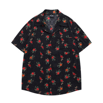 Style Retro Rose Full Print Design Short Sleeve Shirt for Men and Women