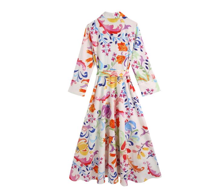 Women Vintage Totem Floral Print Bow Sashes Midi Shirt Dress