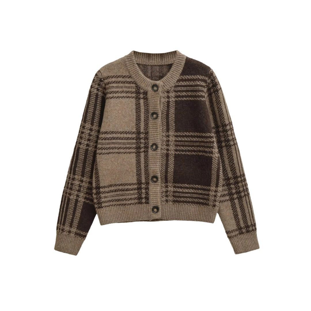 Style Retro Checkered Knit Cardigan Coat for Women, Round Neck, Single Button, Short Length, Thickened Sweater