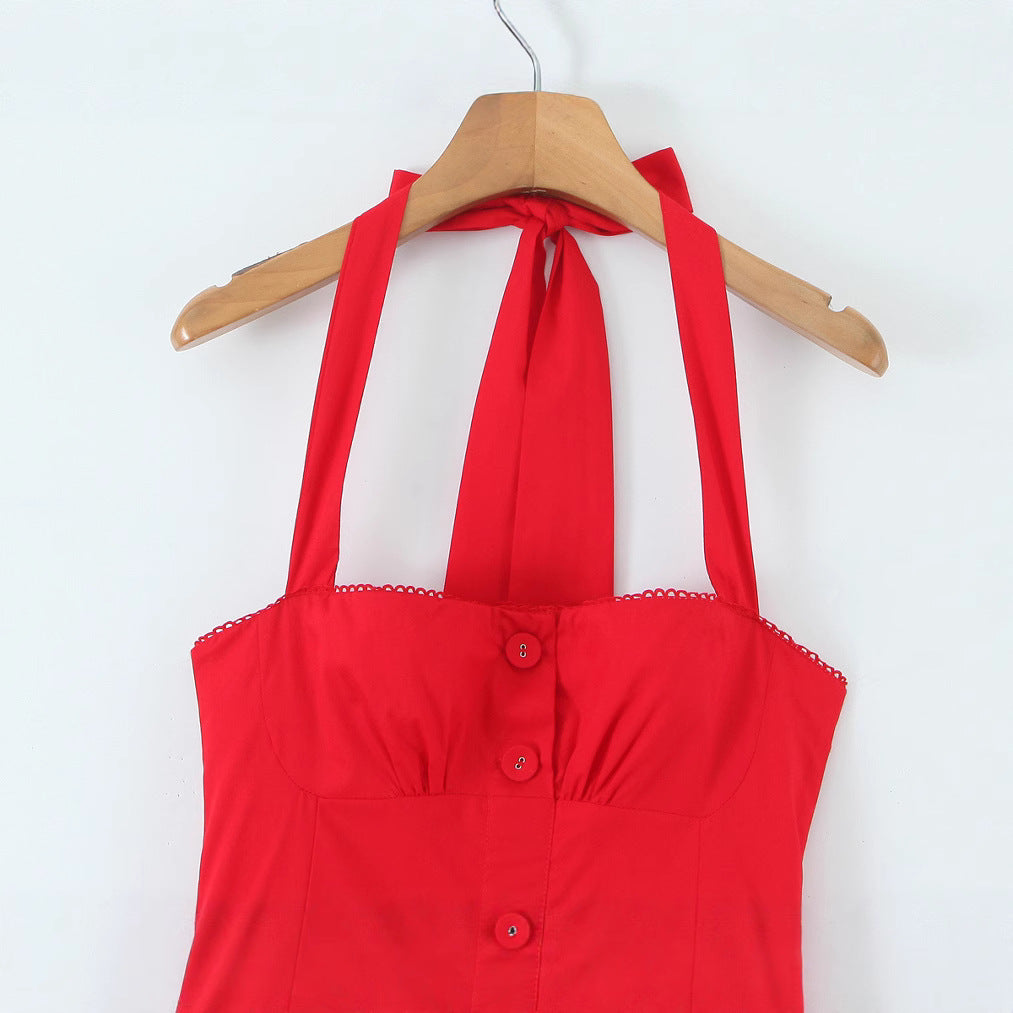 Fashionable slim fit French retro neck button up dress for women