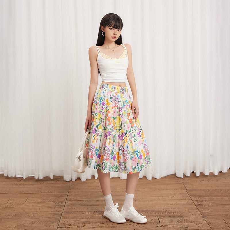 Floral Print High-Waisted Loose Vintage A-Line Midi Skirt for Women