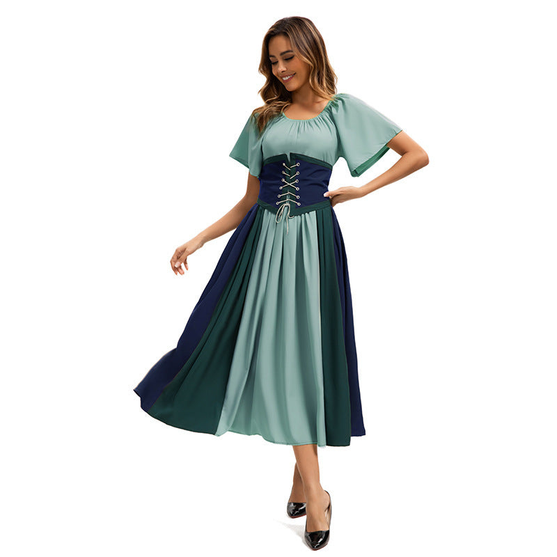 Style Medieval Retro Color-block Spliced Tie-waist Flared Dress for Costume Party Formal Dress