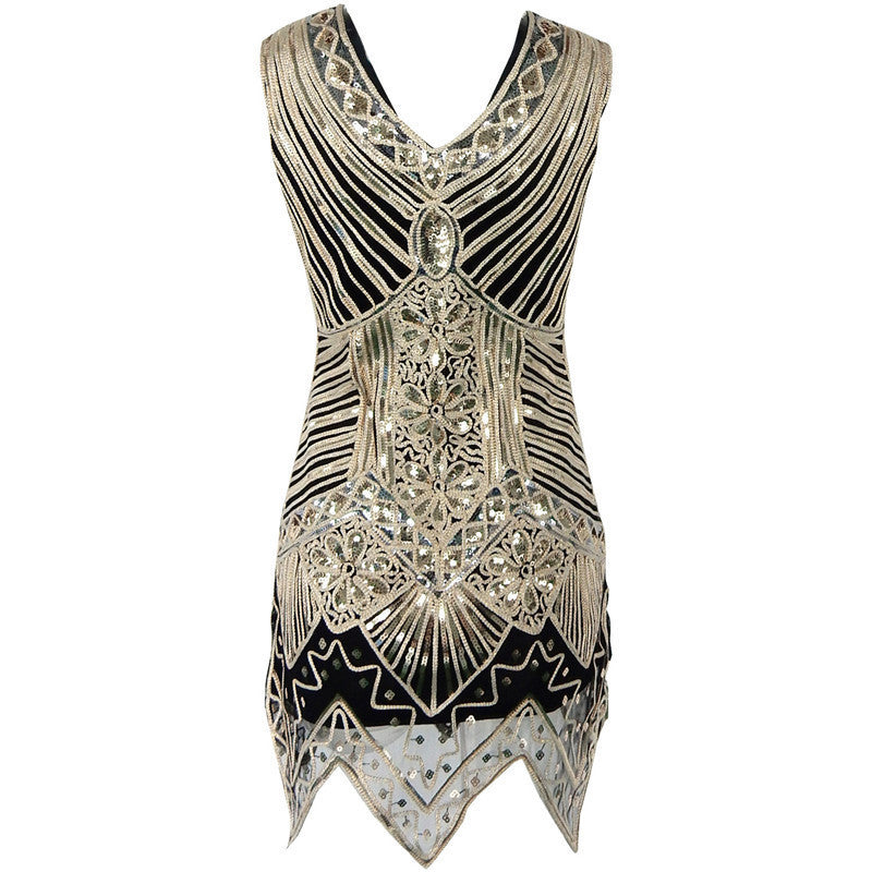 Vintage 1920s Gatsby Evening Dress Handwoven Sexy V-Neck Sleeveless Sequin Dress