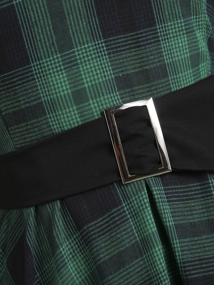 Tonval Green Plaid Elegant 1950s Style Vintage Robe V Neck High Waist Dress 3/4 Length Sleeve Women Retro Clothes Midi Dresses