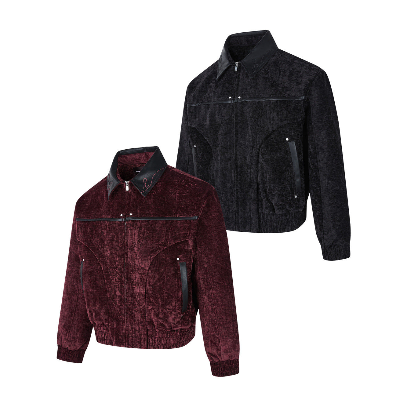 Velvet Chenille Blended Jacket with Textured Design Vintage Lapel Zipper Leather Splicing Outerwear for Men and Women