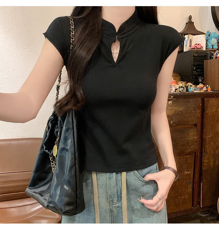 Style Traditional Button Half-Sleeve T-Shirt Women's Retro Slimming Short Fit Versatile Top