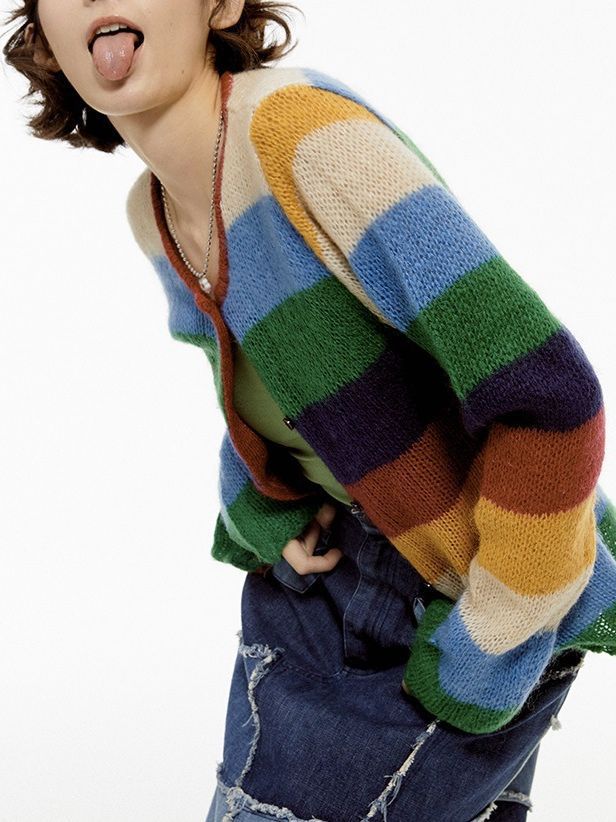 Contrast Color Cardigan Women Autumn Winter Fashion Vintage Loose O Neck Sweater Casual Single Breasted Cardigans