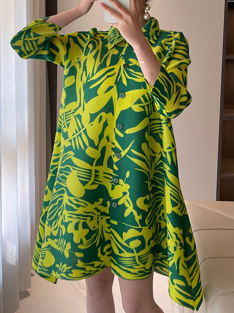 Vintage Pleated Print Irregular Dress Women Lapel Loose Single Breasted Spring Summer New Elegant Fashion Tide
