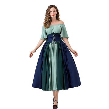 Medieval Vintage Dress with Patchwork Flutter Sleeves Princess Style Formal Gown Puffy Dress
