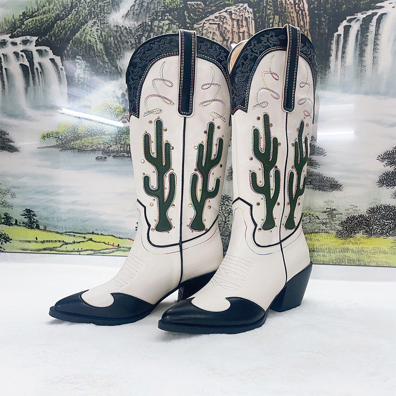 Western Cowboy Mid Calf Women Boots Chunky High Heels Cactus Vintage Cowgirl Long Boots Retro Shoes Woman