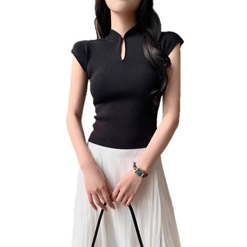 Style Traditional Button Half-Sleeve T-Shirt Women's Retro Slimming Short Fit Versatile Top