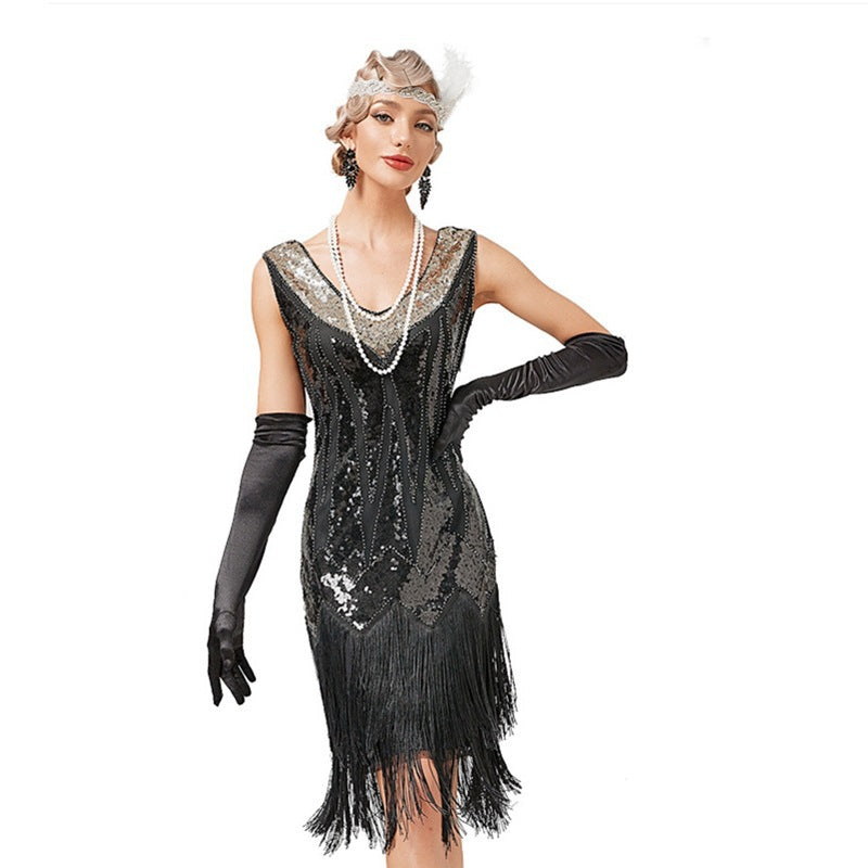 Vintage 1920s Retro V-Neck Fringe Dress Gatsby Party Latin Dance Sequin Beaded Cocktail Dress
