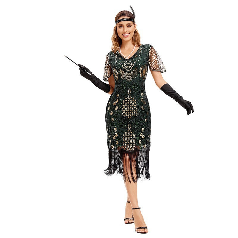 Party 1920s  Style Retro Gatsby V-Neck Evening Dress with Sequins and Fringe Short Sleeve Dress