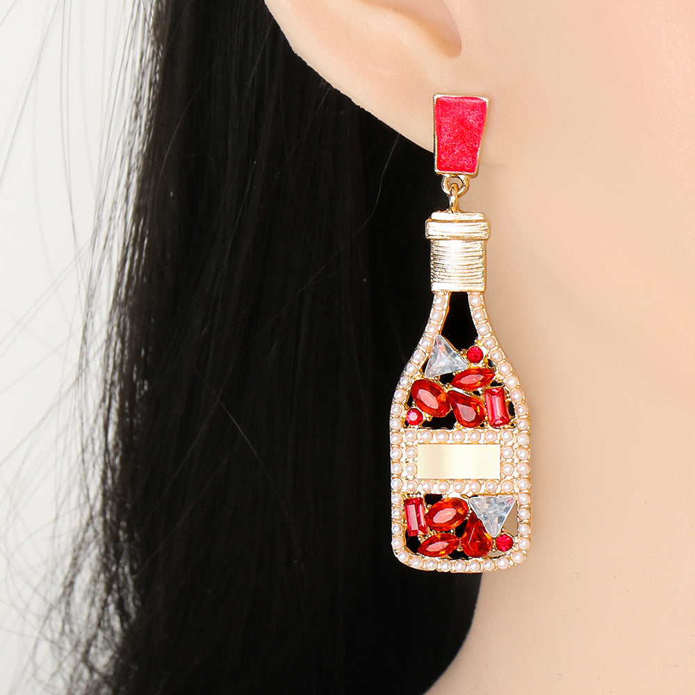 Vintage Champagne Bottle Full Of Diamond Pearl Earrings Personalized Women's Jewelry