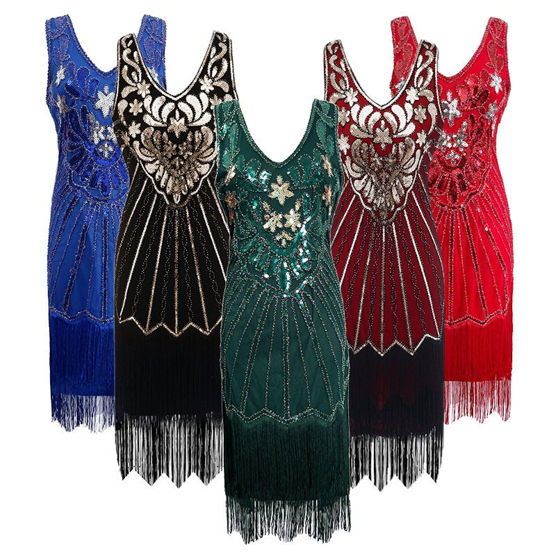 1920s Retro V-Neck Sequin Gatsby Luxury Sequin Fringe Dress Party Ball Cocktail Dress