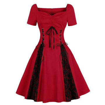 Plus Size Lace Panel Sweetheart Neck Vintage Dress