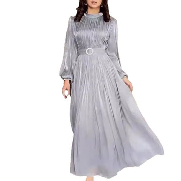 Round neck organza lantern sleeve long sleeved slim waistband retro dress