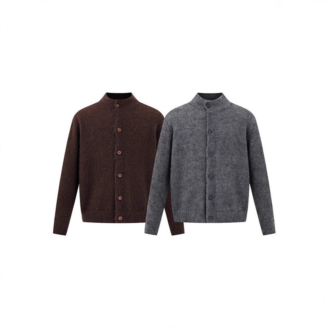 Vintage Stand Collar Melange Knit Cardigan Sweater Coat for Men and Women Couple