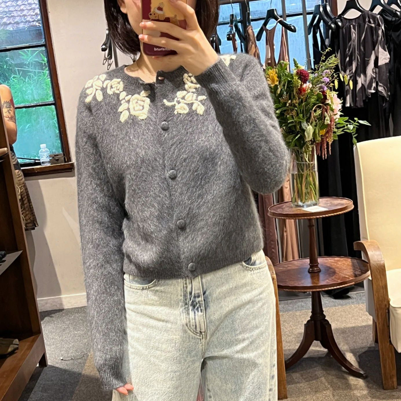 Gray Round Neck Knit Cardigan with Vintage Embroidery Fashionable High-End Embroidered Long Sleeve Wool Cardigan for Women