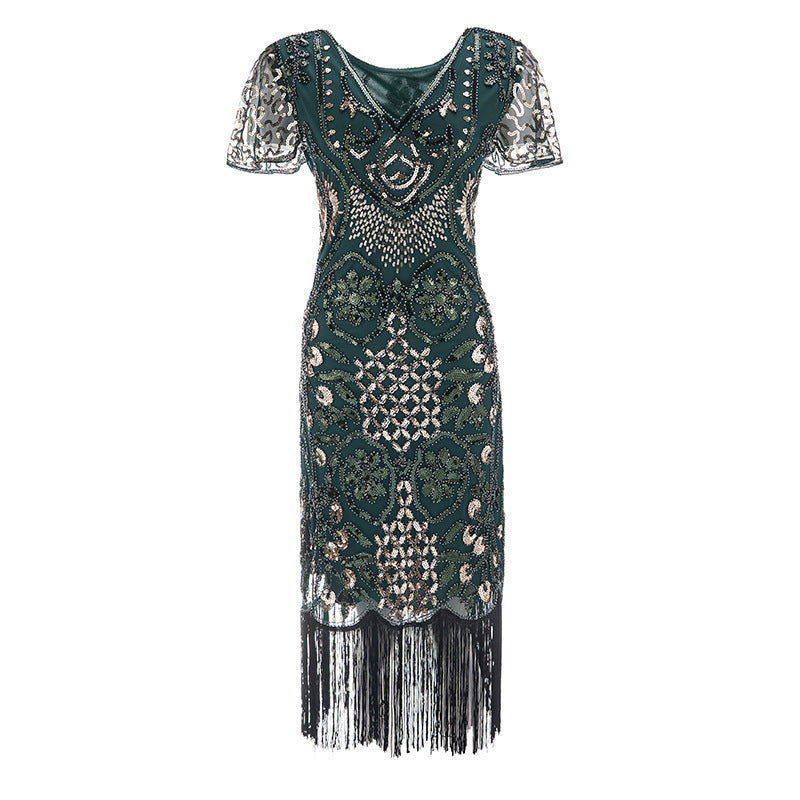 Party 1920s  Style Retro Gatsby V-Neck Evening Dress with Sequins and Fringe Short Sleeve Dress
