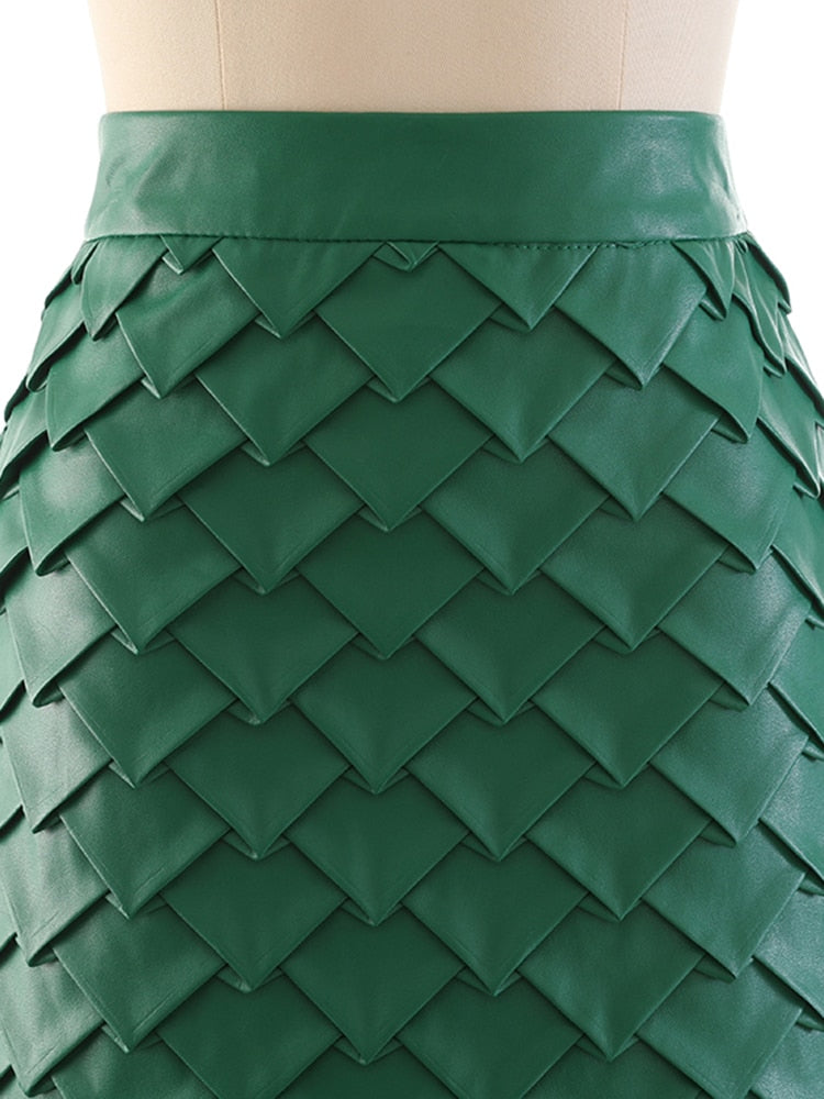 Vintage Knitted Midi Skirt For Women High Waist A Line Patchwork Solid PU Leather Skirts Female Clothes Fashion