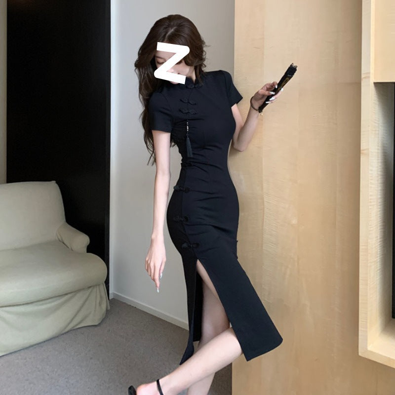 Vintage Button Modified Cheongsam Dress Women's High-Grade Black Dress Waist-Cinching Slit Pencil Skirt