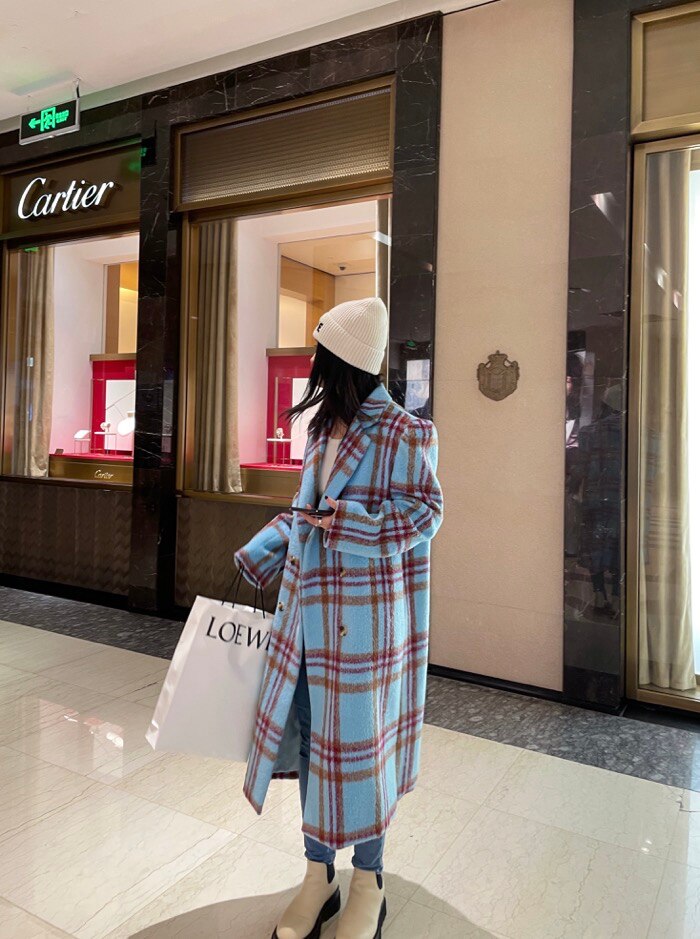 Vintage Wool Loose Coat Winter Puff Sleeve Blue Checked Coat for Women Korean Style High Quality