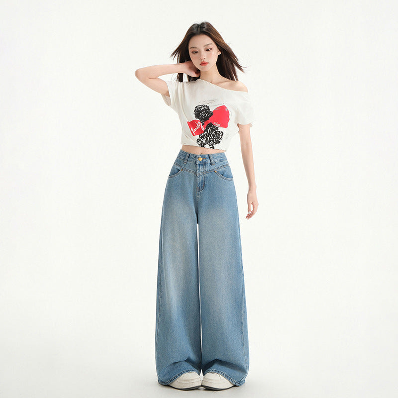 Wide Leg Jeans Women Spring New Retro High Waist Loose Straight Long Pants